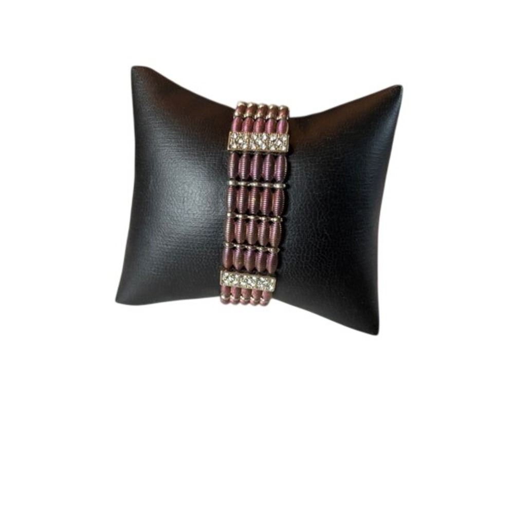 Iridescent Purple Stretch Cuff Bracelet Rhinestone Accents Bronze Tone VTG